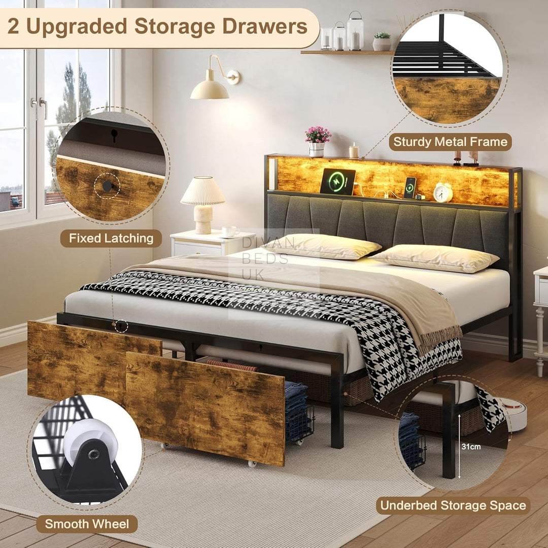 Sienna Grey Linen LED Metal Smart Bed with 2 Drawers USB, Type-C Charging Storage Headboard Shelf