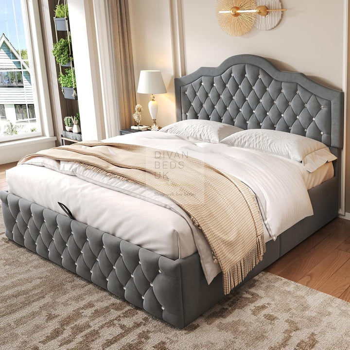 Davila Grey Plush Velvet  Diamante Crystal Bed Ottoman Storage Bed
