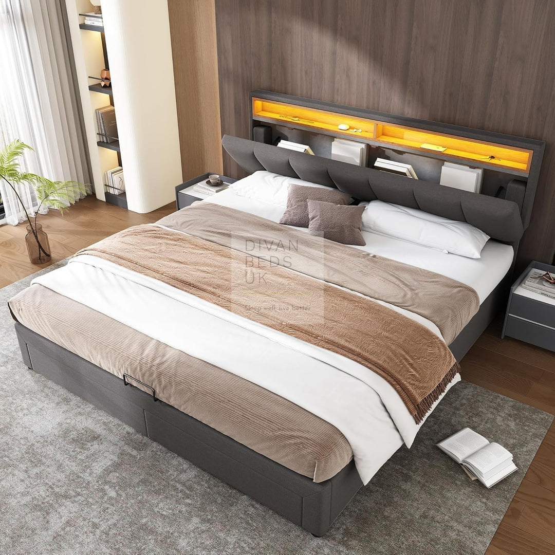 Aarya Charcoal Grey Linen 2 in 1 Drawer Ottoman Storage Bed with LED Lights & Headboard Shelf