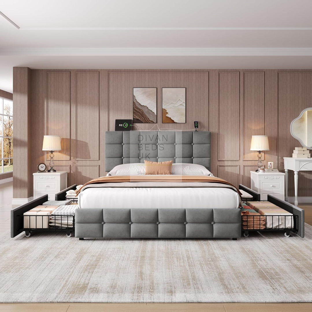 Vicente 4 Drawer Soft Grey Velvet Smart Bed with Type C and USB Charging Adjustable Headboard Shelf