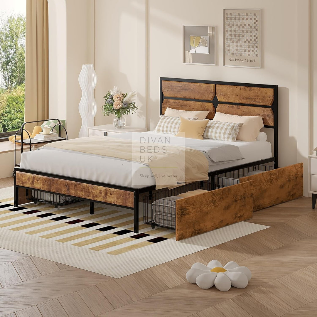 Horatio Metal Bed Rustic Wood with 4 Drawers for Underbed Storage Space