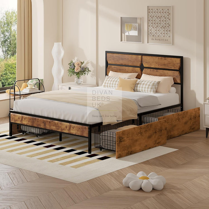 Horatio Metal Bed Rustic Wood with 4 Drawers for Underbed Storage Space