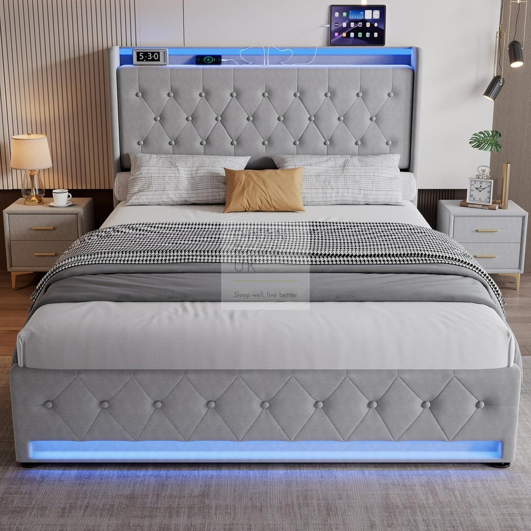 Kairo 4 Drawer Grey Plush Velvet Smart Bed with Storage Wing Headboard with LED Lights & USB Charging Shelf