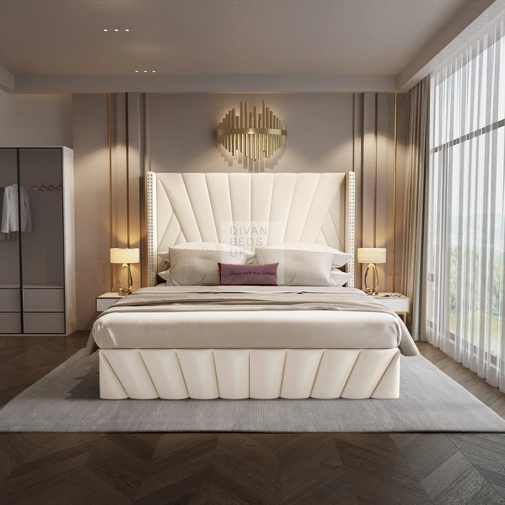 Veneto Cream Beige Luxury Upholstered Headboard Ottoman Storage Bed Frame