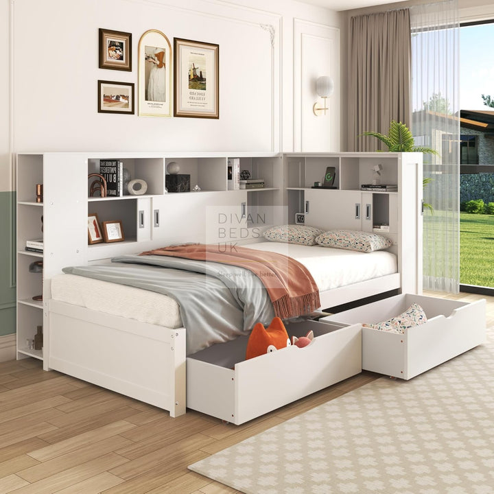Modica White Wooden Storage Bed with 2 Drawers, Sliding Drawers and Shelves