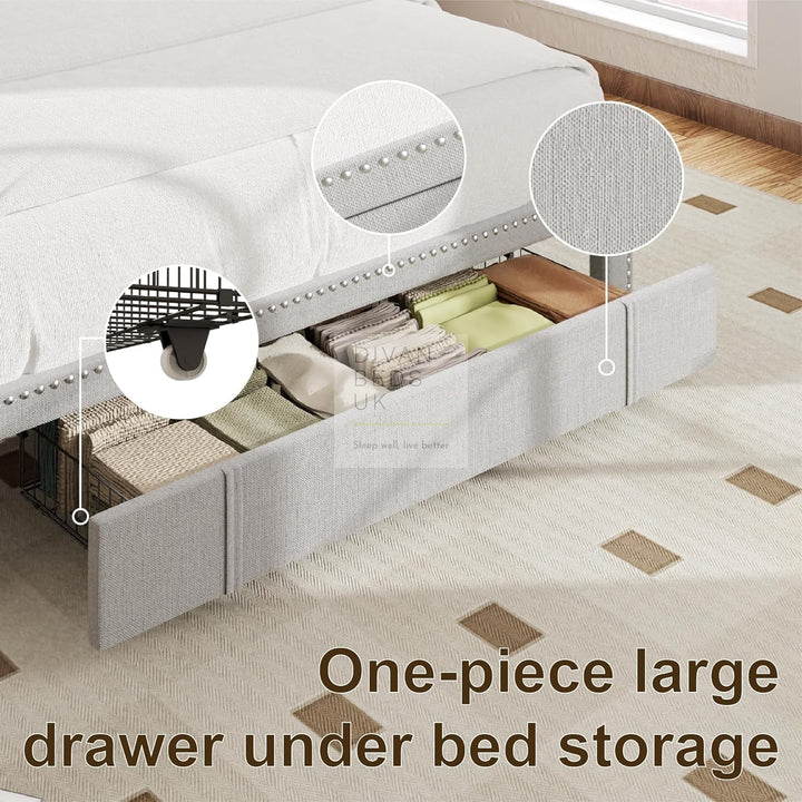 Catania Wingback Panel Headboard Grey Linen Bed with & 1 Large End Drawer Storage