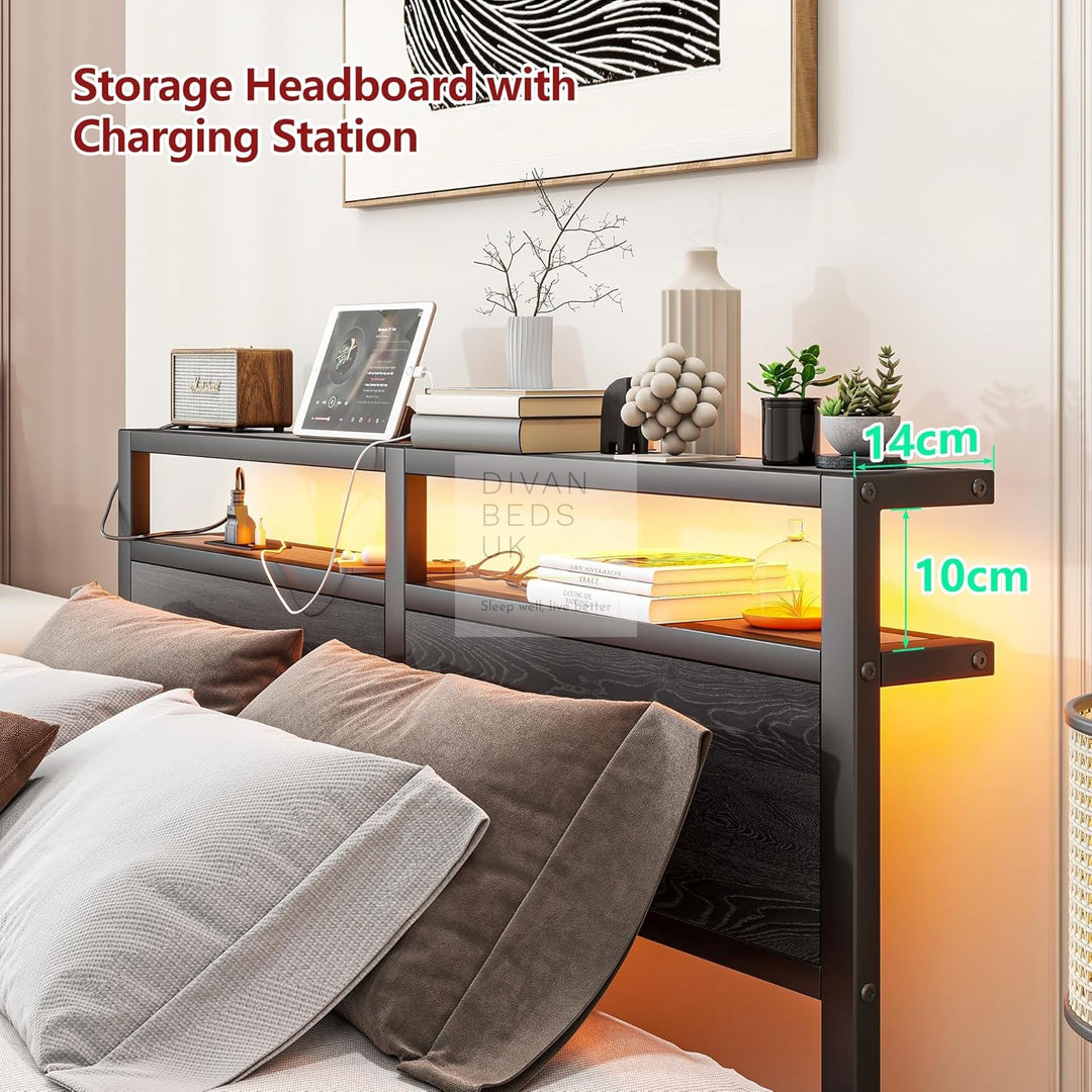 Arezzo Metal Smart Bed with Charging Station Headboard, Storage Shelves, LED, USB and Power Outlets with 4 Optional Drawers