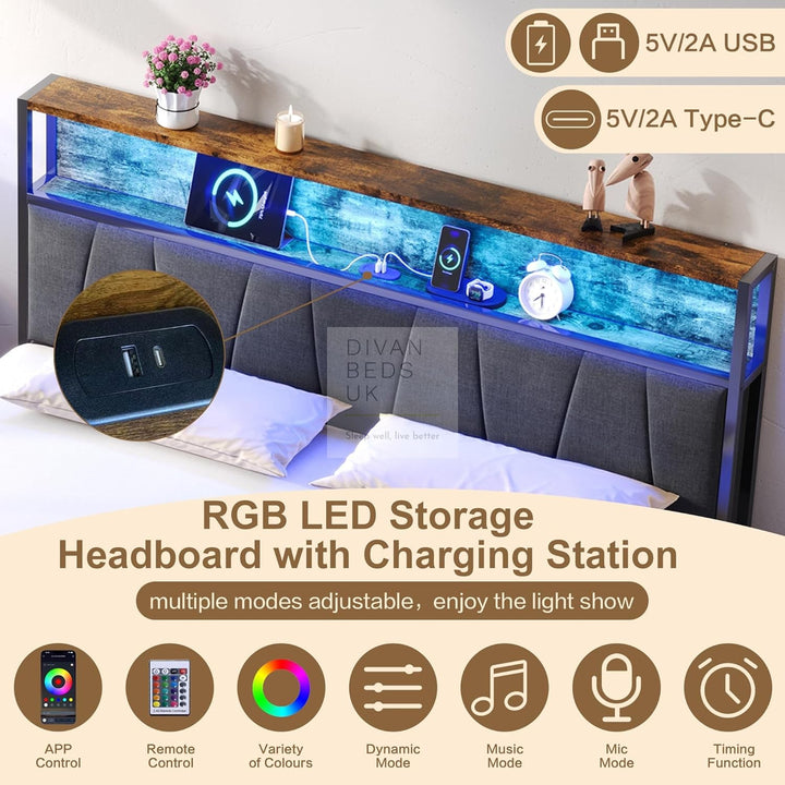 Sienna Grey Linen LED Metal Smart Bed with 2 Drawers USB, Type-C Charging Storage Headboard Shelf