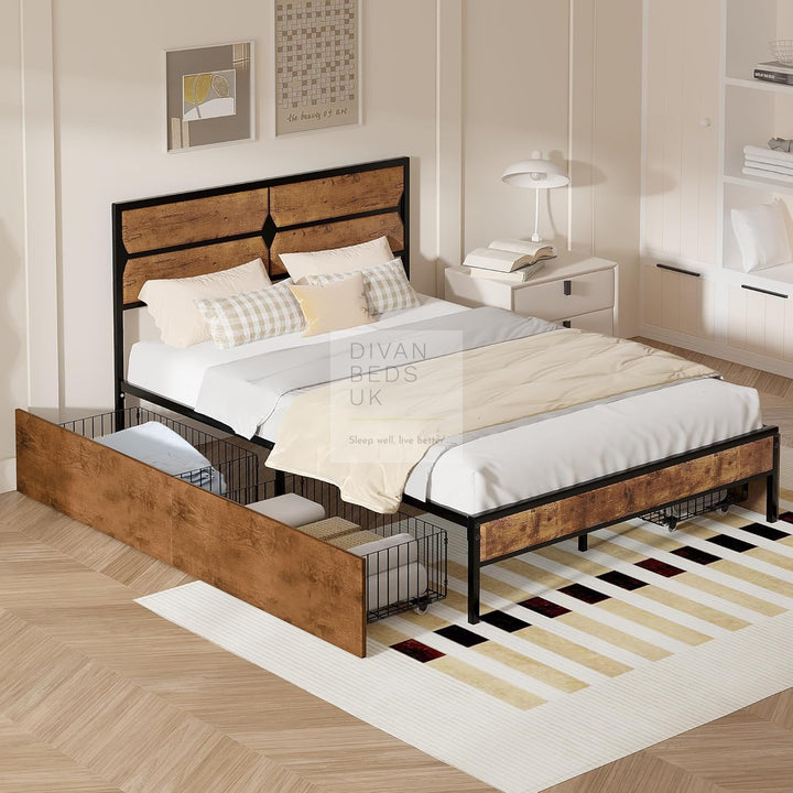 Horatio Metal Bed Rustic Wood with 4 Drawers for Underbed Storage Space