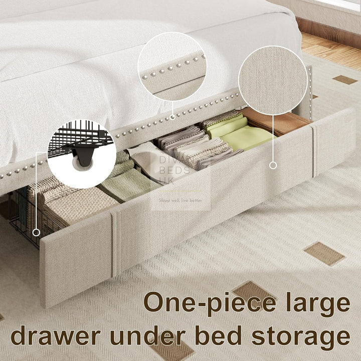 Catania Wingback Panel Headboard Beige Linen Bed with & 1 Large End Drawer Storage