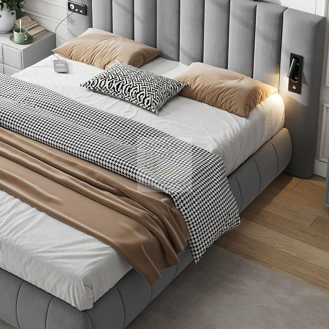 Myra Oversized Headboard Grey Velvet Smart Hotel Bed with LED Lighting, USB, Type C and Speakers