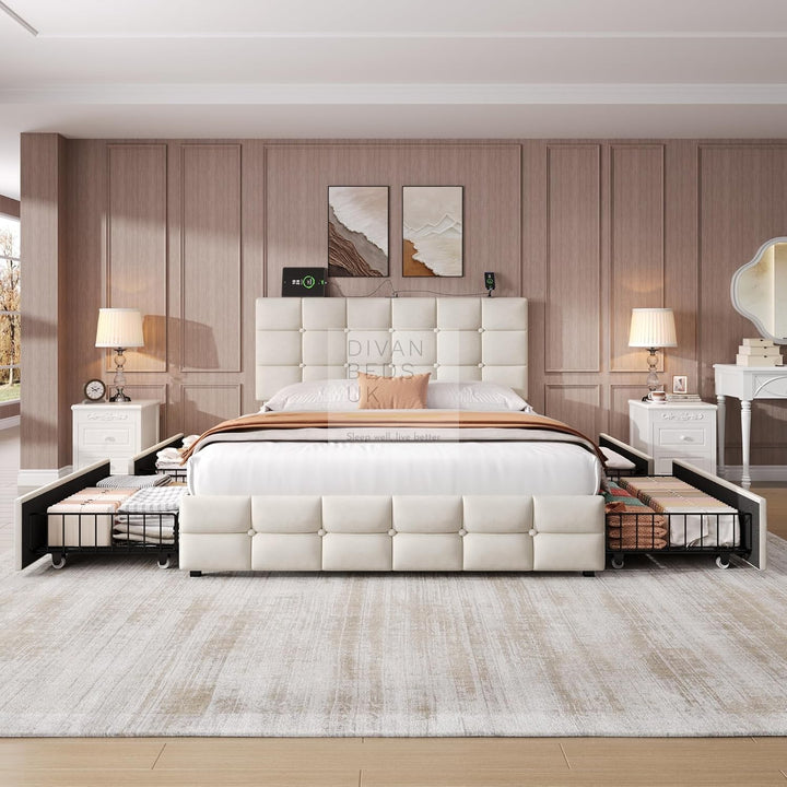 Vicente 4 Drawer Soft Beige Velvet Smart Bed with Type C and USB Charging Adjustable Headboard Shelf