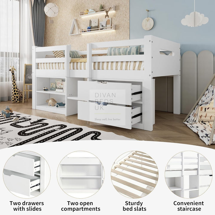 Venezia White Wooden Mid Sleeper Cabin Bunk Kids Bed with 2 Drawers and Ladder