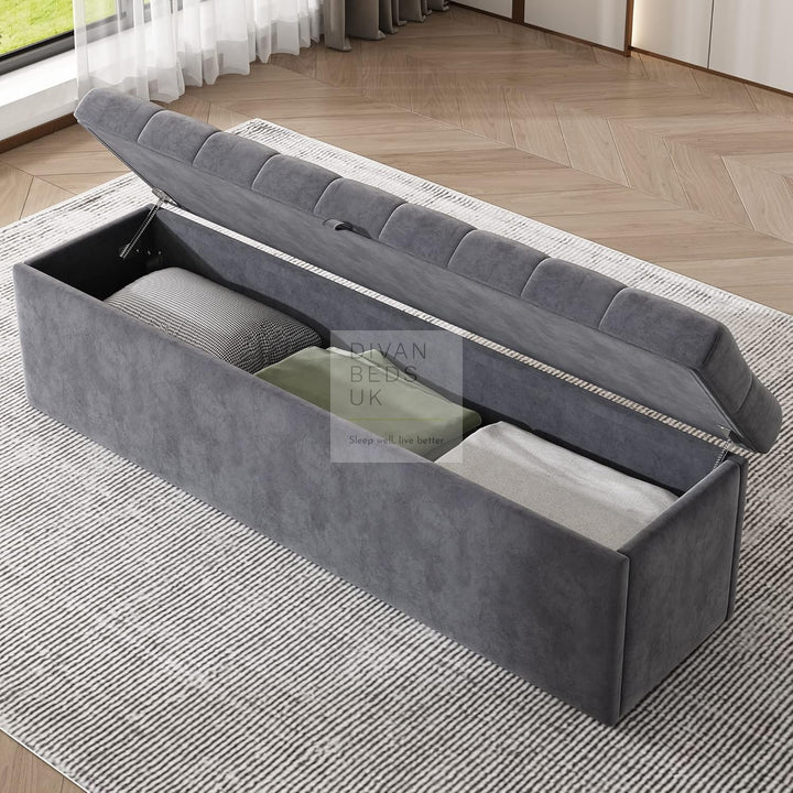 Dangelo Grey Plush Velvet Ottoman Storage Sleigh Bed Frame with Optional Storage Box