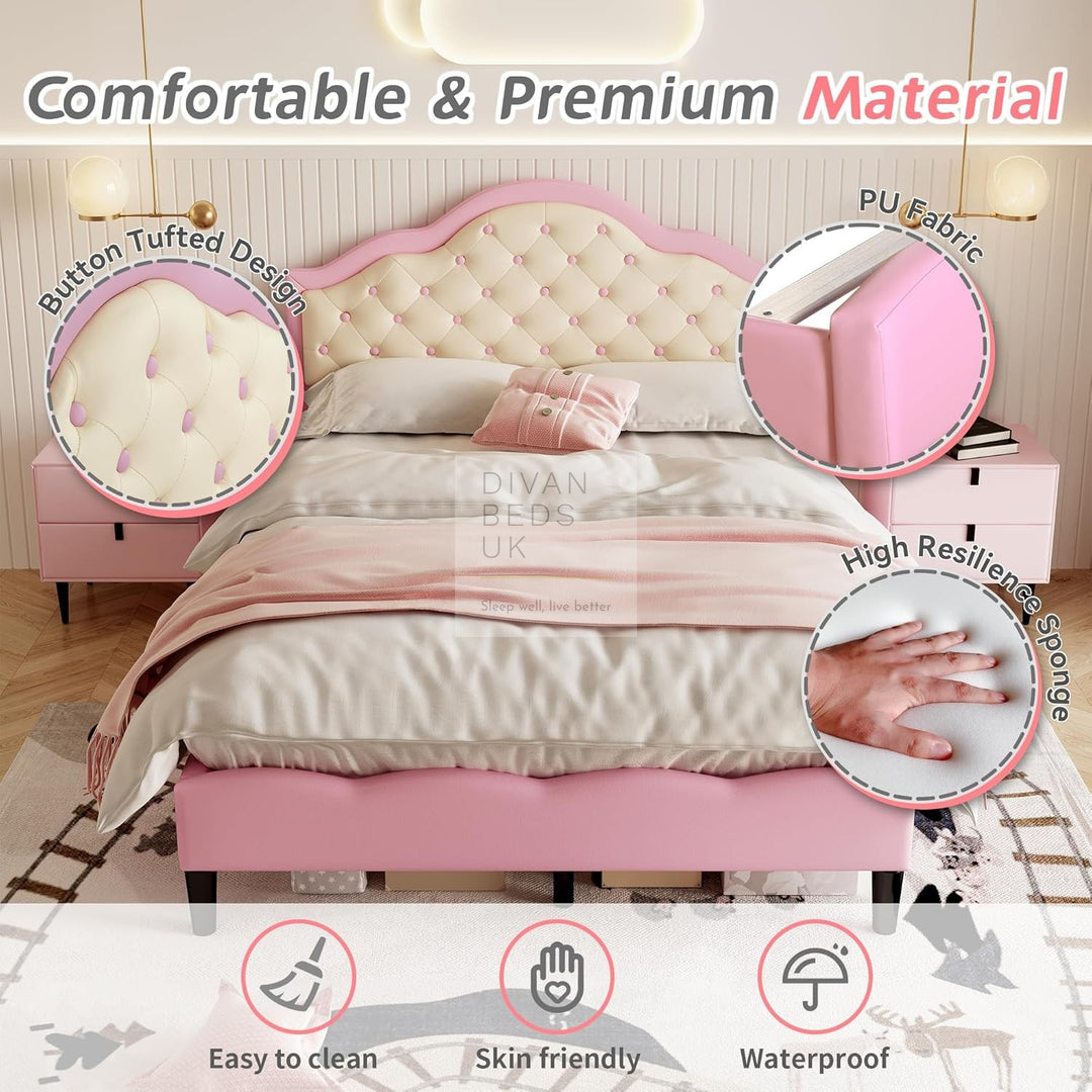 La Ville Rose Chesterfield Pink Beige Plush Bed Frame with Adjustable Headboard