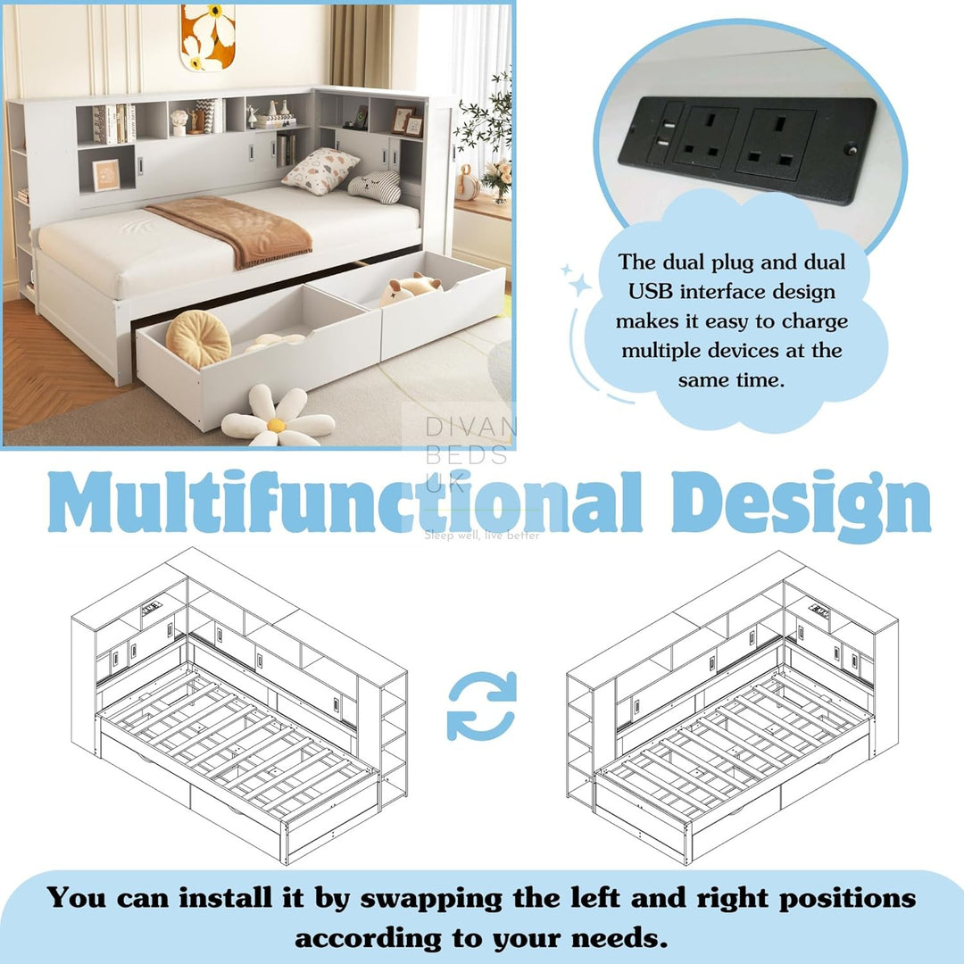 Modica White Wooden Storage Bed with 2 Drawers, Sliding Drawers and Shelves