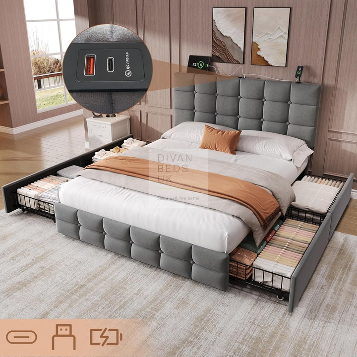 Vicente 4 Drawer Soft Grey Velvet Smart Bed with Type C and USB Charging Adjustable Headboard Shelf