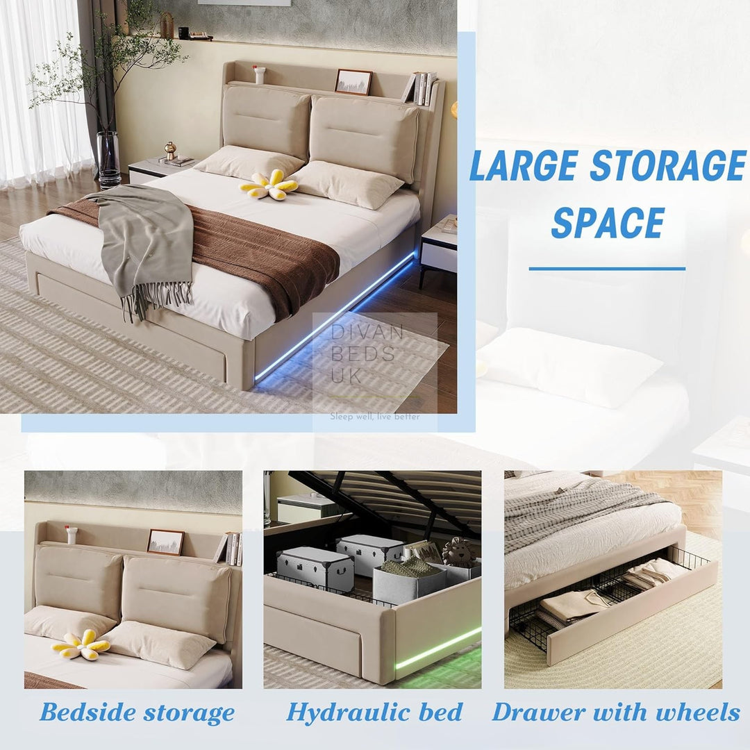 Renzo Padded Winged Headboard Beige Ottoman Smart Bed with LED Side Panels & 1 Large End Drawer