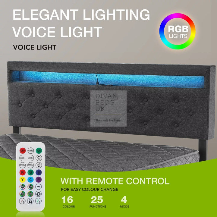 Hendricks 4 Drawer Charcoal Linen Smart Bed with Storage Headboard with LED Lights & USB Charging Shelf