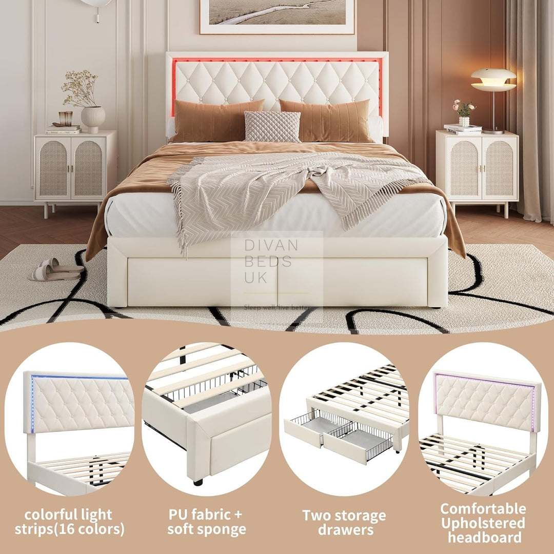 Trieste Off-White Beige Leather 2 Drawer Storage Smart Bed with LED Lighting