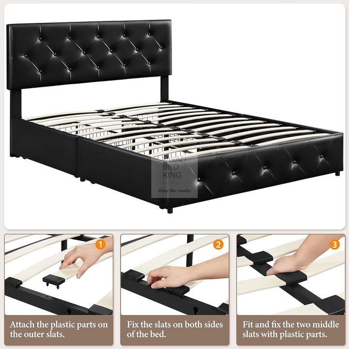 Emma Black Leather 2 Drawer Buttoned Bed Frame