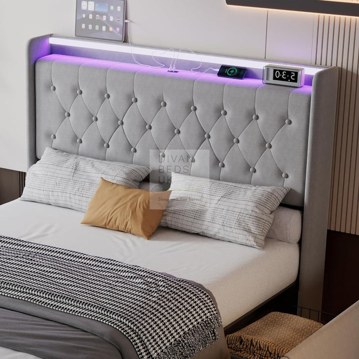 Kairo 4 Drawer Grey Plush Velvet Smart Bed with Storage Wing Headboard with LED Lights & USB Charging Shelf