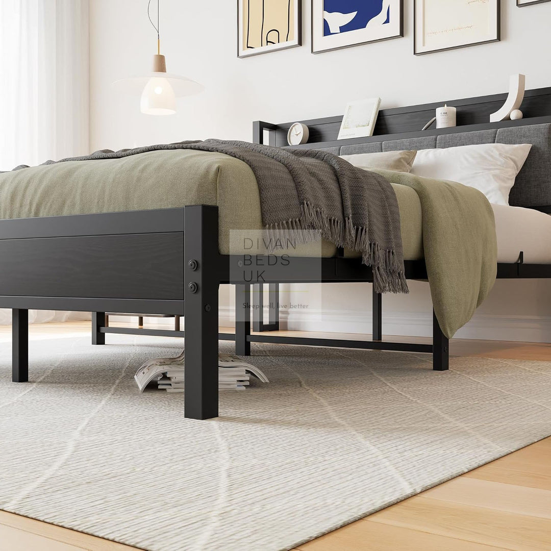 Arellano Grey Linen Black Metal Bed with Storage Headboard Shelf