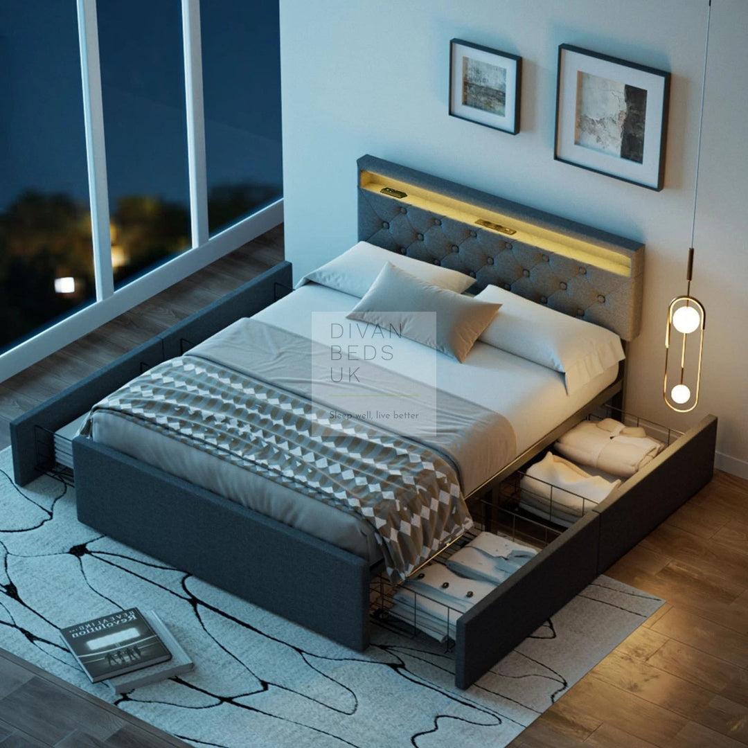 Livorno Grey Linen 4 Drawer Storage Smart Bed with LED Lighting, Power Outlets, USB, Bluetooth Speakers and Headboard Shelf