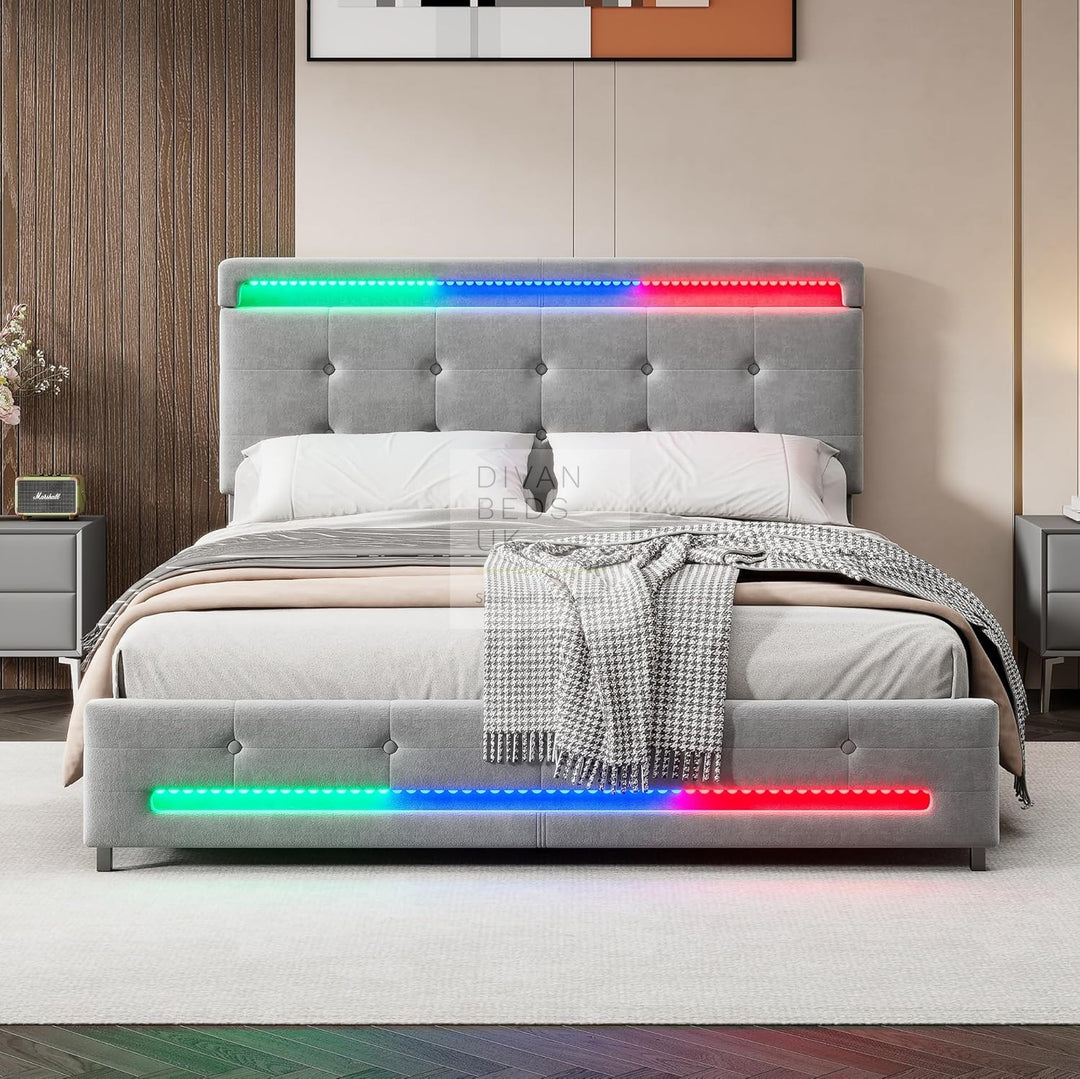 Perdadossu 4 Drawer Storage Grey Velvet Smart Bed with LED Lights