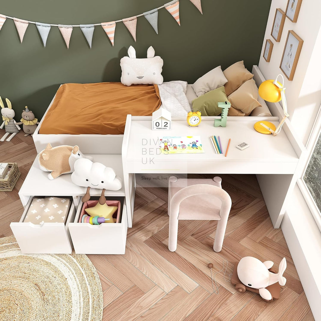 Castillo White Wooden Bed with 2 Drawers and Integrated Desk