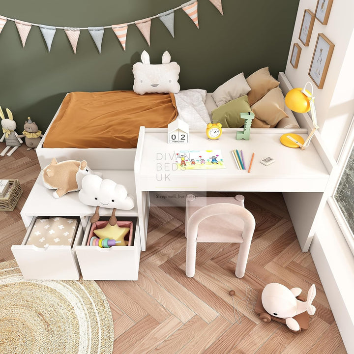 Castillo White Wooden Bed with 2 Drawers and Integrated Desk