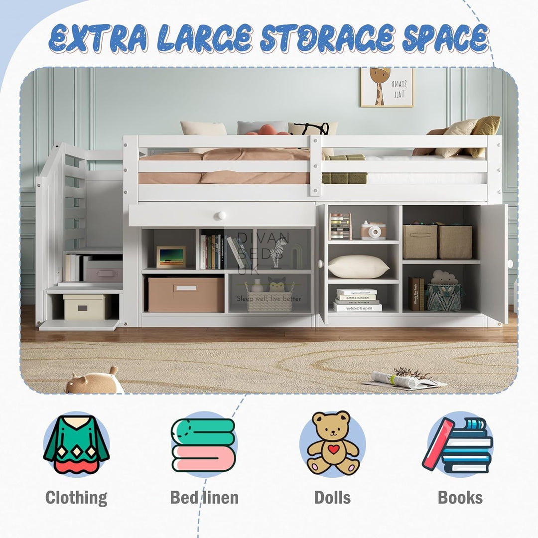 Vicenza Wooden Mid Sleeper Cabin Bunk Kids Bed with Integrated Desk, 2 Drawers, Ladder and Stair Access
