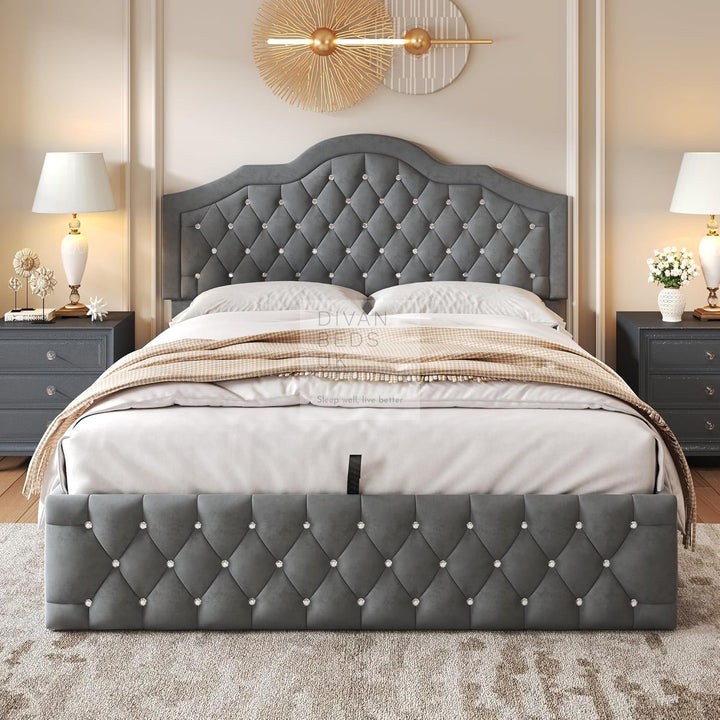 Davila Grey Plush Velvet  Diamante Crystal Bed Ottoman Storage Bed