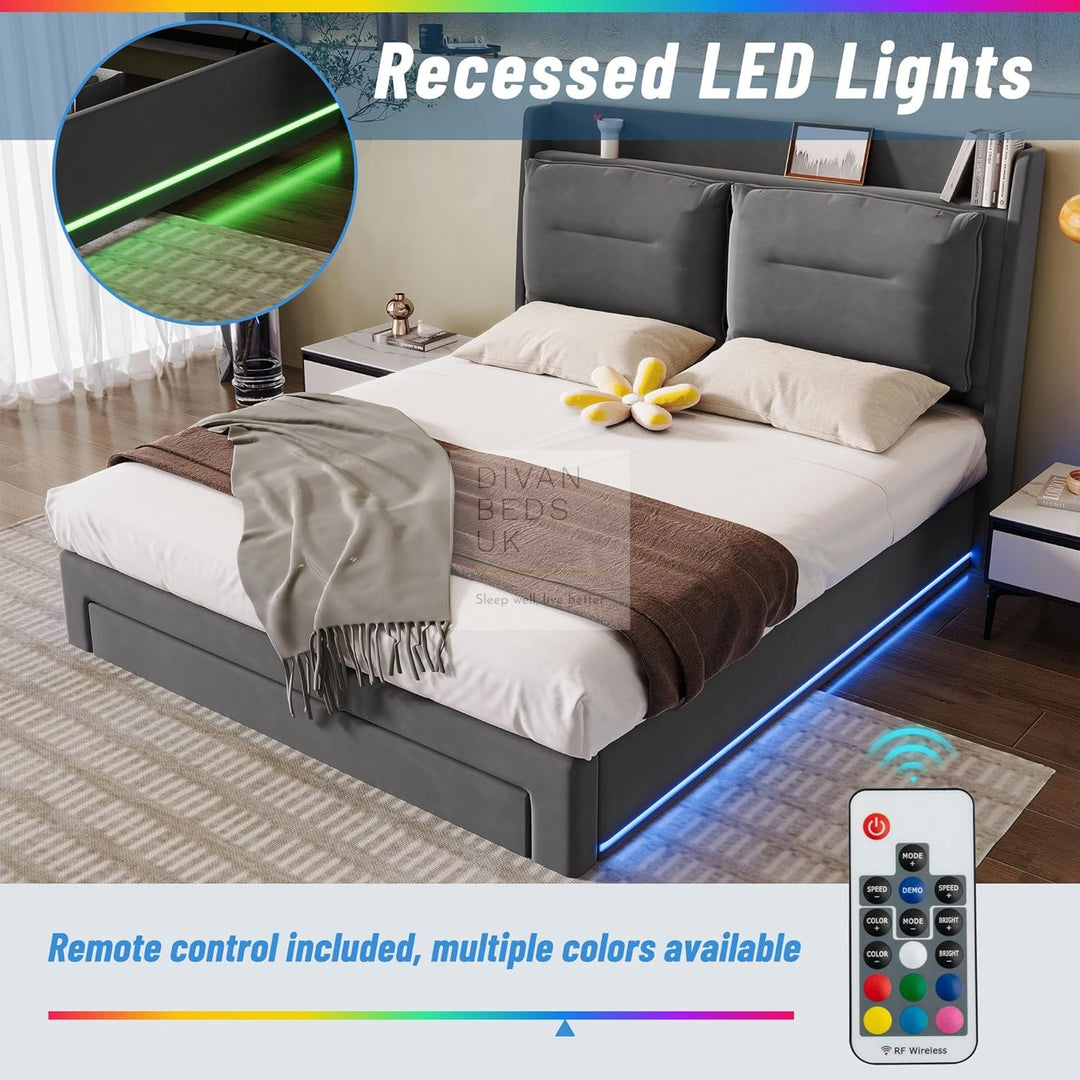 Renzo Padded Winged Headboard Grey Ottoman Smart Bed with LED Side Panels & 1 Large End Drawer