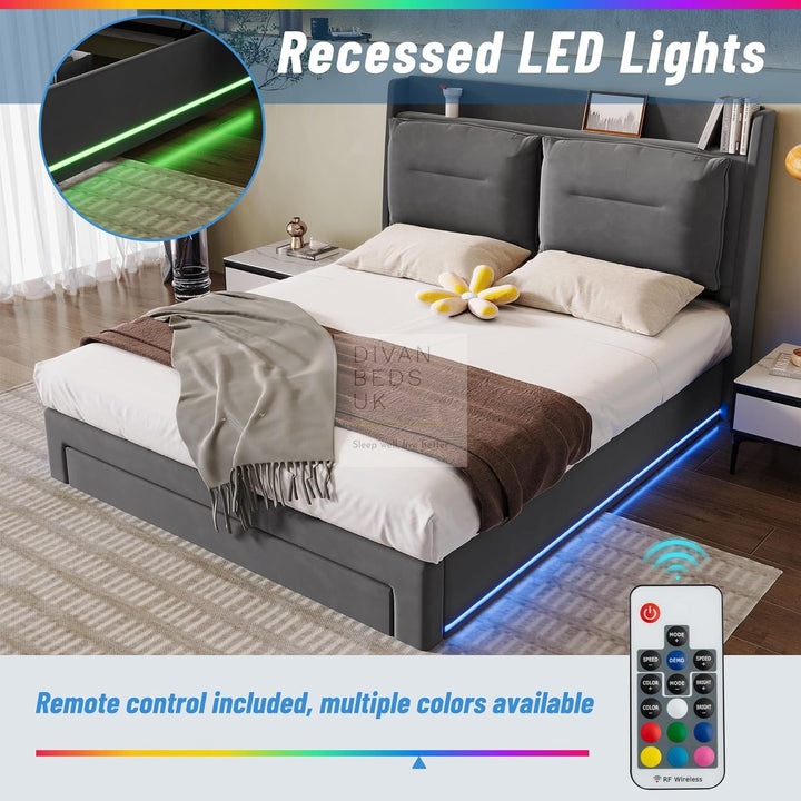 Renzo Padded Winged Headboard Grey Ottoman Smart Bed with LED Side Panels & 1 Large End Drawer