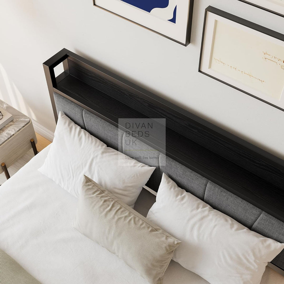 Arellano Grey Linen Black Metal Bed with Storage Headboard Shelf
