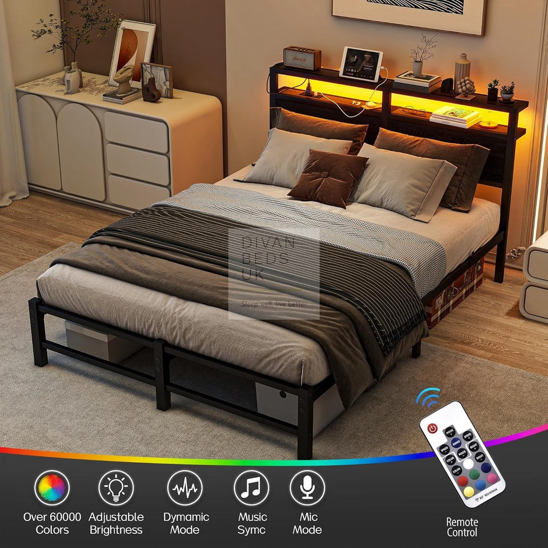 Arezzo Metal Smart Bed with Charging Station Headboard, Storage Shelves, LED, USB and Power Outlets with 4 Optional Drawers