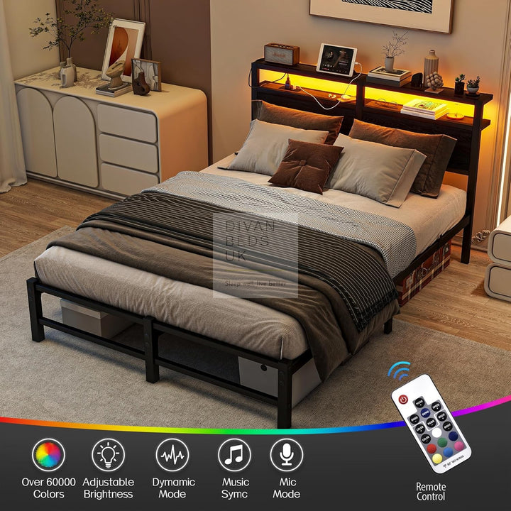 Arezzo Metal Smart Bed with Charging Station Headboard, Storage Shelves, LED, USB and Power Outlets with 4 Optional Drawers