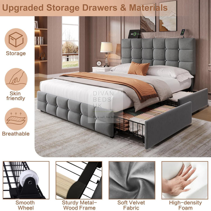 Vicente 4 Drawer Soft Grey Velvet Smart Bed with Type C and USB Charging Adjustable Headboard Shelf