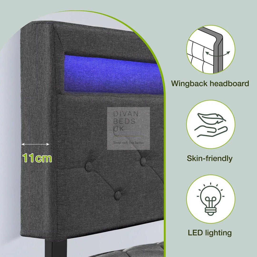 Hendricks 4 Drawer Charcoal Linen Smart Bed with Storage Headboard with LED Lights & USB Charging Shelf