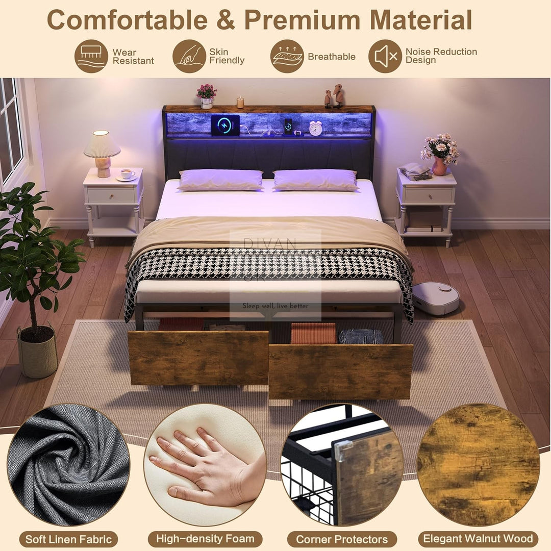 Sienna Grey Linen LED Metal Smart Bed with 2 Drawers USB, Type-C Charging Storage Headboard Shelf