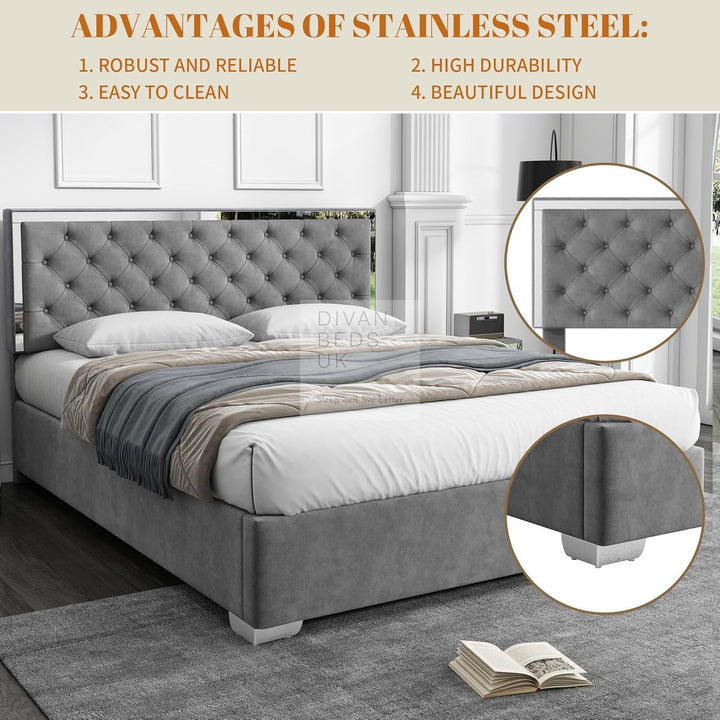 Benitez Grey Plush Velvet Steel Reflection Bed Ottoman Storage Bed