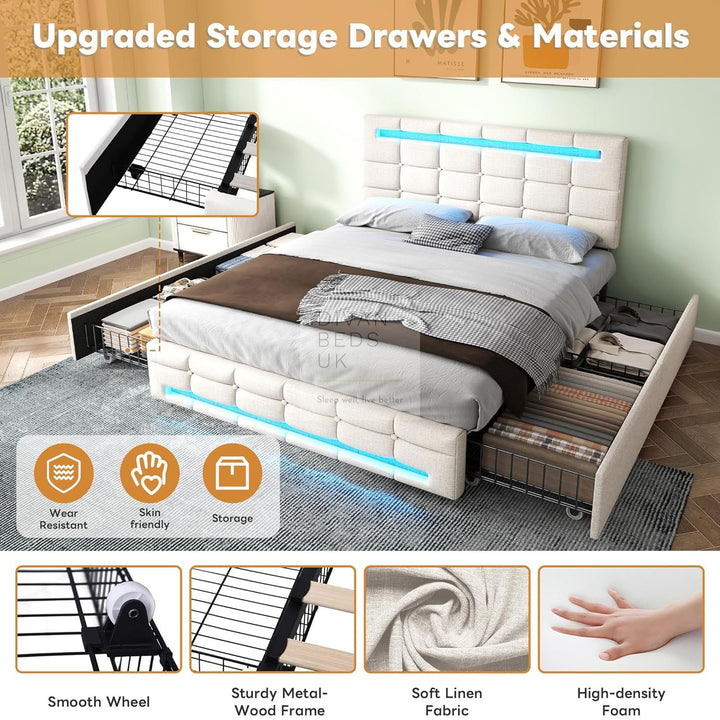 Rogelio 4 Drawer Storage Beige Charcoal Linen Smart Bed with LED Lights