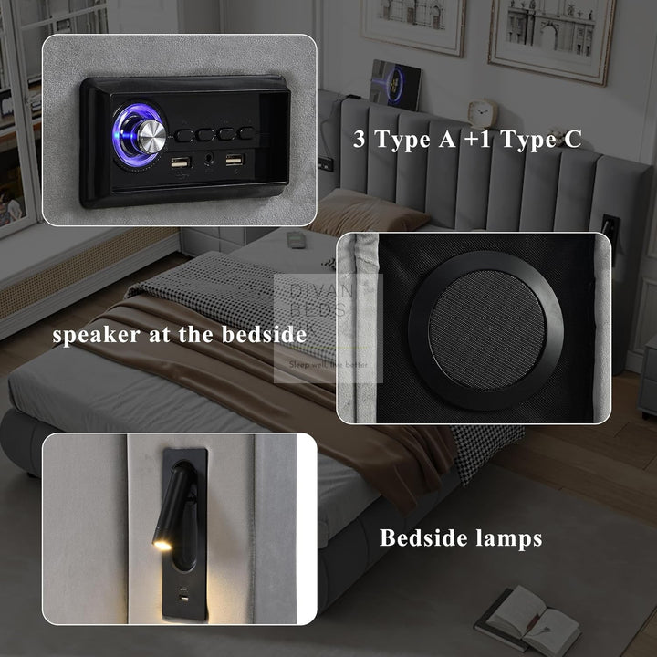 Myra Oversized Headboard Grey Velvet Smart Hotel Bed with LED Lighting, USB, Type C and Speakers