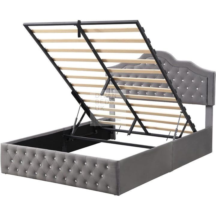 Davila Grey Plush Velvet  Diamante Crystal Bed Ottoman Storage Bed