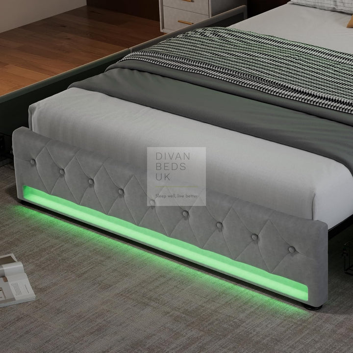 Kairo 4 Drawer Grey Plush Velvet Smart Bed with Storage Wing Headboard with LED Lights & USB Charging Shelf