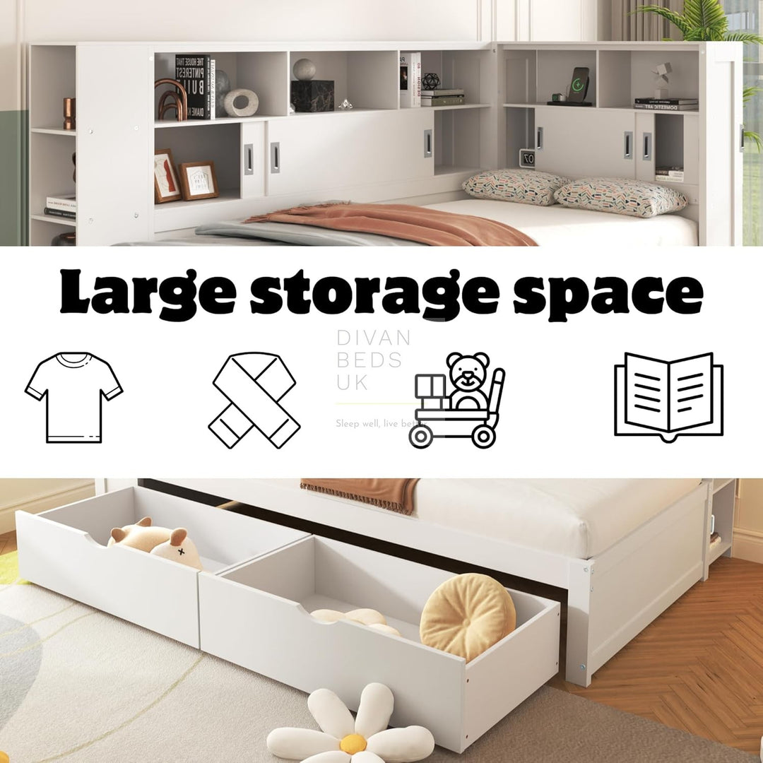 Modica White Wooden Storage Bed with 2 Drawers, Sliding Drawers and Shelves