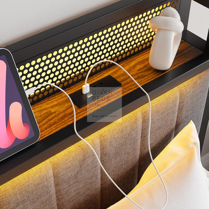 Vicenza Metal Bed Frame with LED Grey Linen Headboard, Shelves, Power Outlet, USB Charging & Optional Drawers