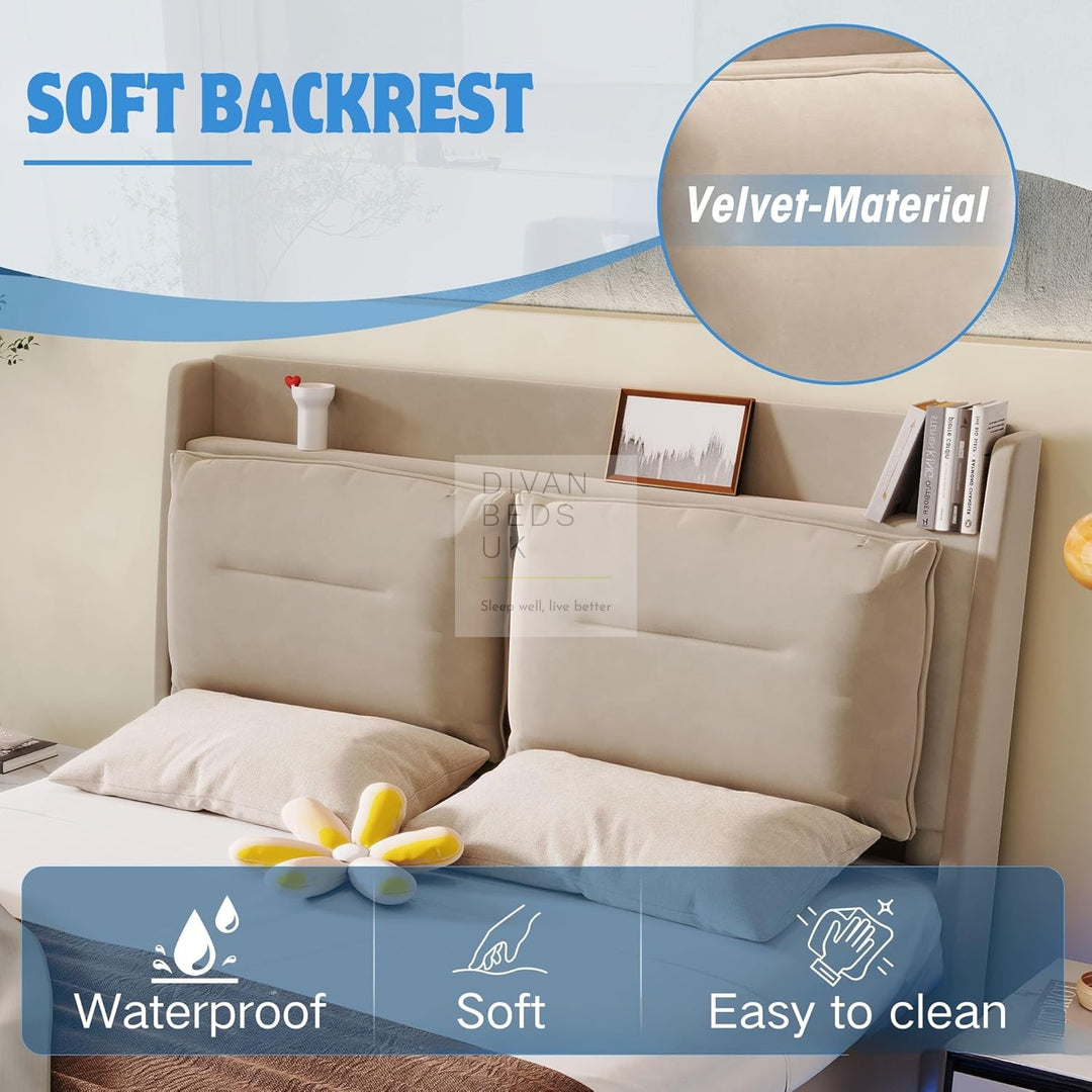 Renzo Padded Winged Headboard Beige Ottoman Smart Bed with LED Side Panels & 1 Large End Drawer