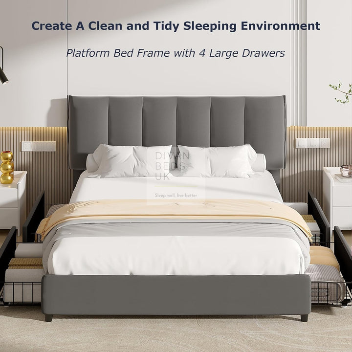 Serava Grey Plush Velvet 4 Drawer Bed with Adjustable Headboard